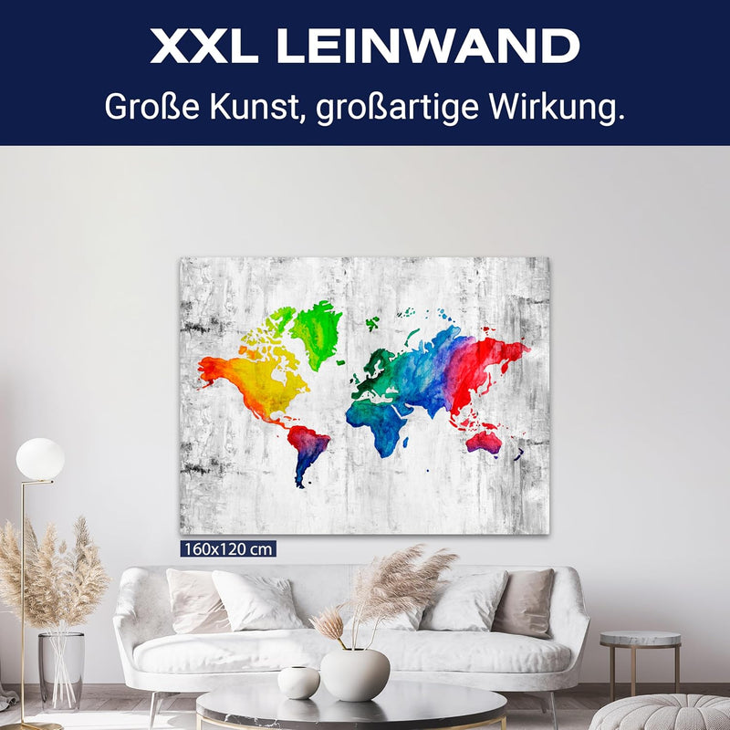 wandmotiv24 Weltkarte auf Leinwand, Grösse 60x45cm Querformat, Bunte Landkarte, Pastellfarben, Beton