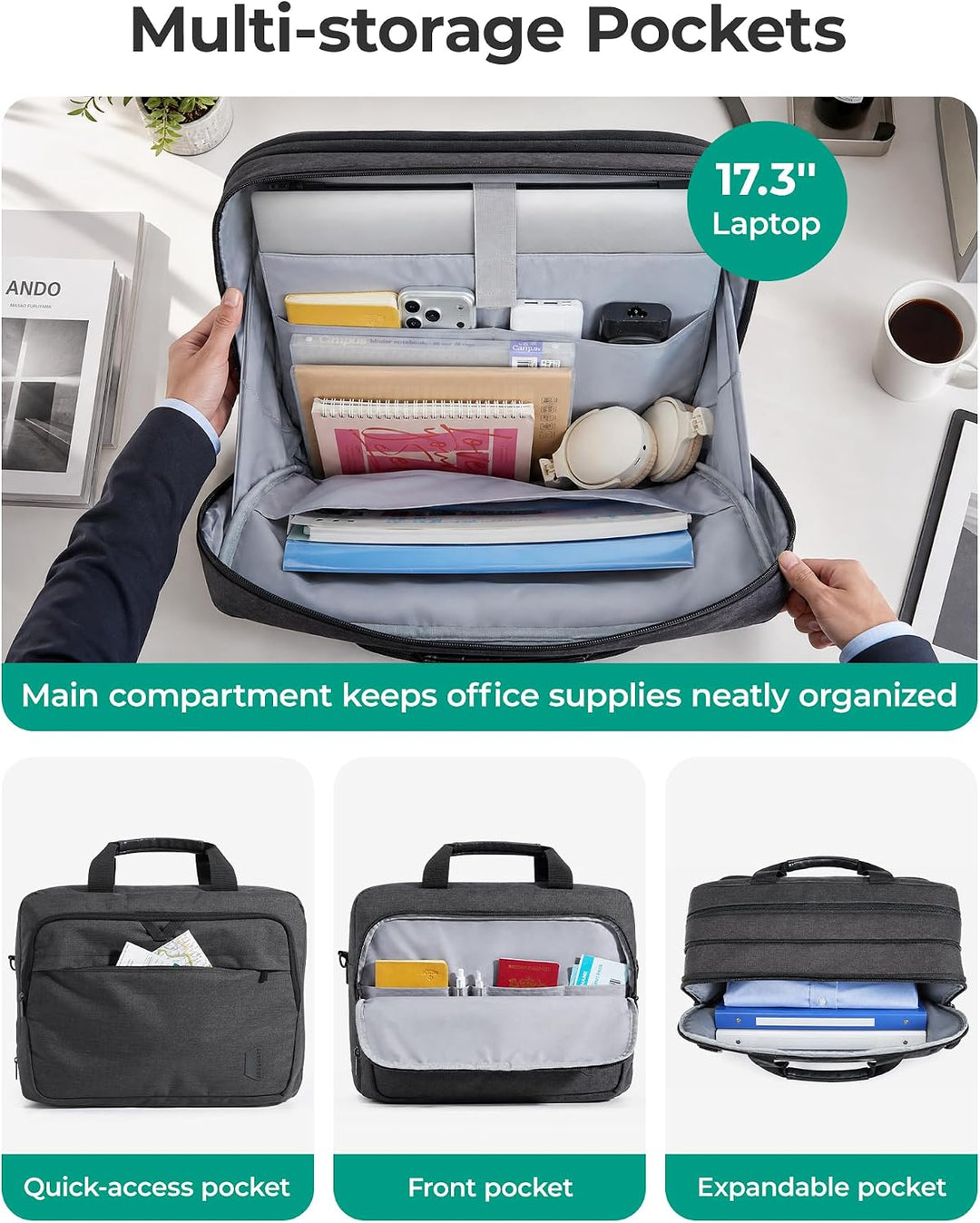 bagsmart 17,3-Zoll-Laptoptasche, Erweiterbare Aktentasche, Computertasche für Herren und Damen, Lapt