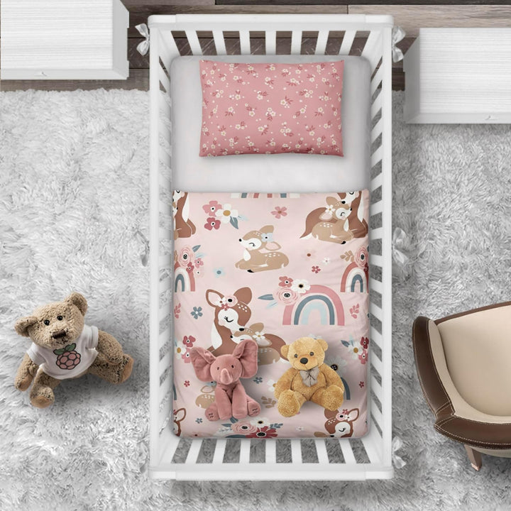 Aminata kids Kinderbettwäsche 100x135 Mädchen REH-Kitz Waldtiere Tier-Motiv Kinder-Wende-Bettwäsche-