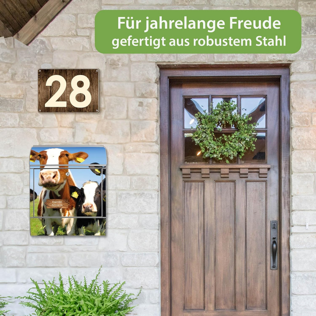 banjado® Design Briefkasten personalisiert Kühe 38,5x46,5x13cm & 2 Schlüssel - Briefkasten Stahl Sil