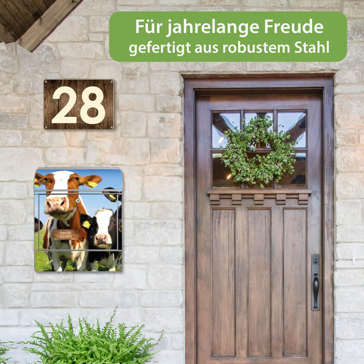banjado® Design Briefkasten personalisiert Kühe 38,5x46,5x13cm & 2 Schlüssel - Briefkasten Stahl Sil