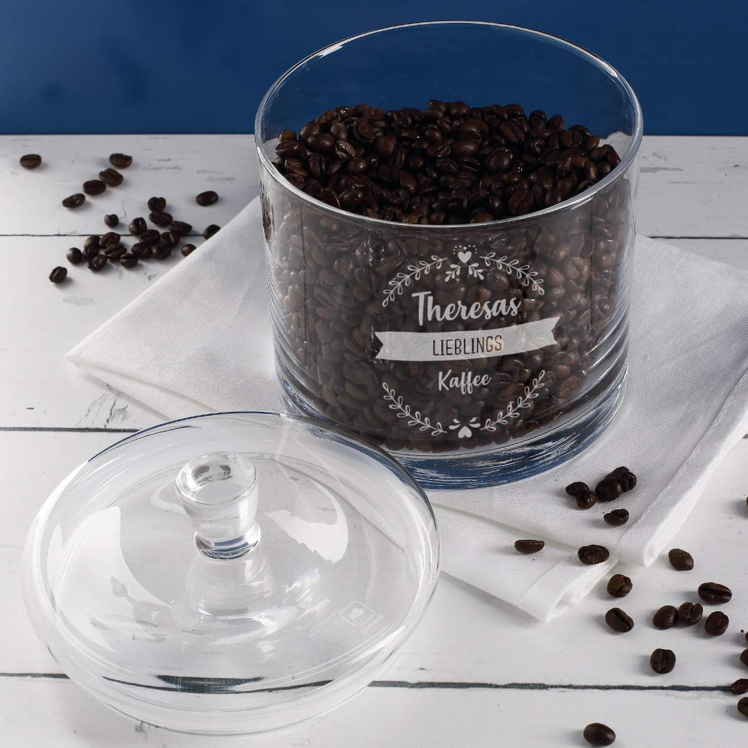 Herz & Heim® Keksdose mit Gravur aus Glas mit Deckel