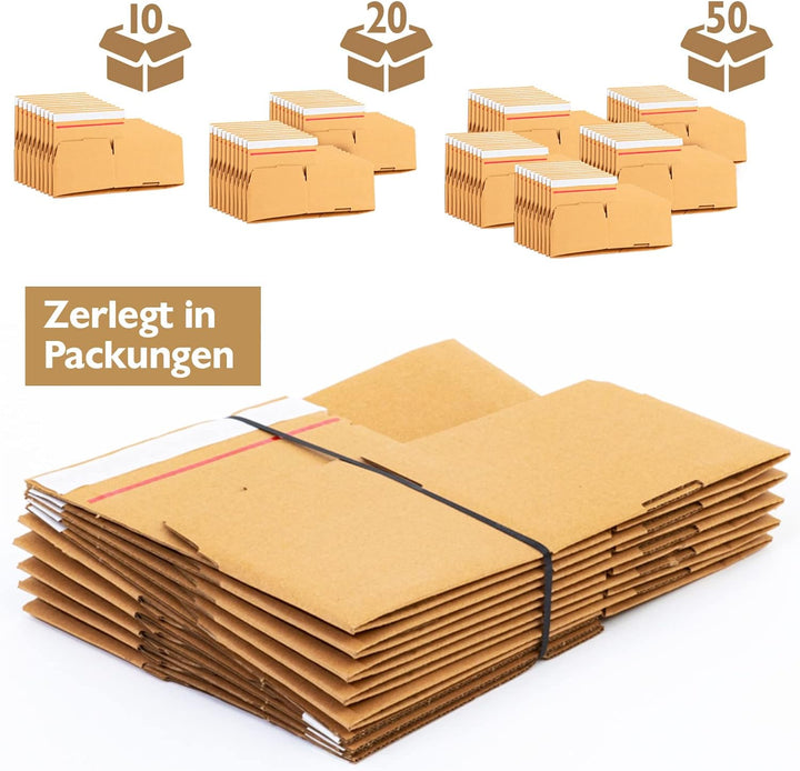 Konzept 11 - Versandkarton 20x15x15cm Set 50 Stk. Faltkartons mit Deckel Selbstklebend, Kleine Karto