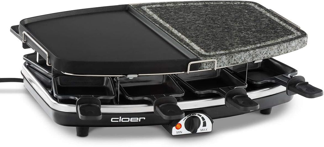 Cloer 6435 Raclette mit Naturstein / 1200 W / 8 antihaftbeschichtete Raclettepfännchen Geteilte