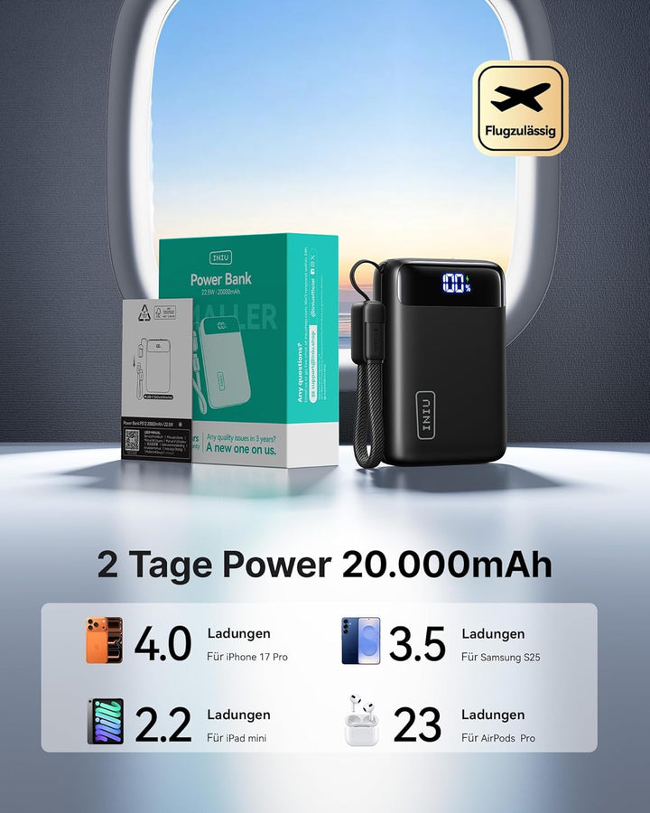 INIU Power Bank, Ultra Klein 20000mAh 22.5W Schnellladefunktion Power Bank, USB-C In&Out Externe Han