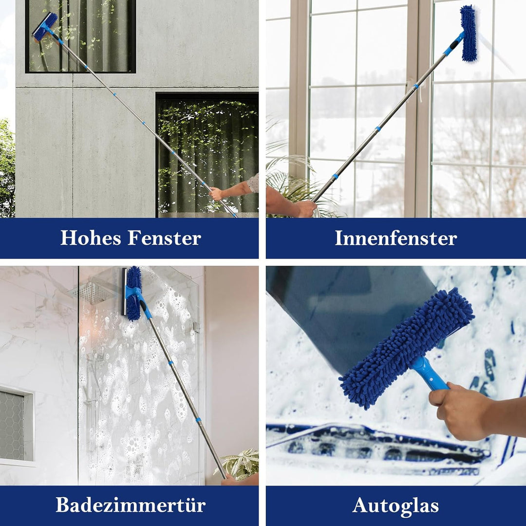 Terafeels 280cm Teleskop Fensterwischer Abzieher Set, 2 in 1 Teleskopstange Fensterreinigung ür Inne