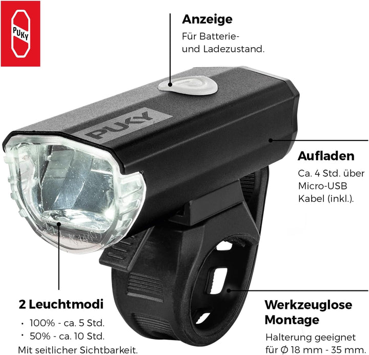 PUKY LUMI LED-Frontscheinwerfer &amp; Rücklicht-Set | Seitliche Sichtbarkeit | Werkzeuglose Montage | Fü