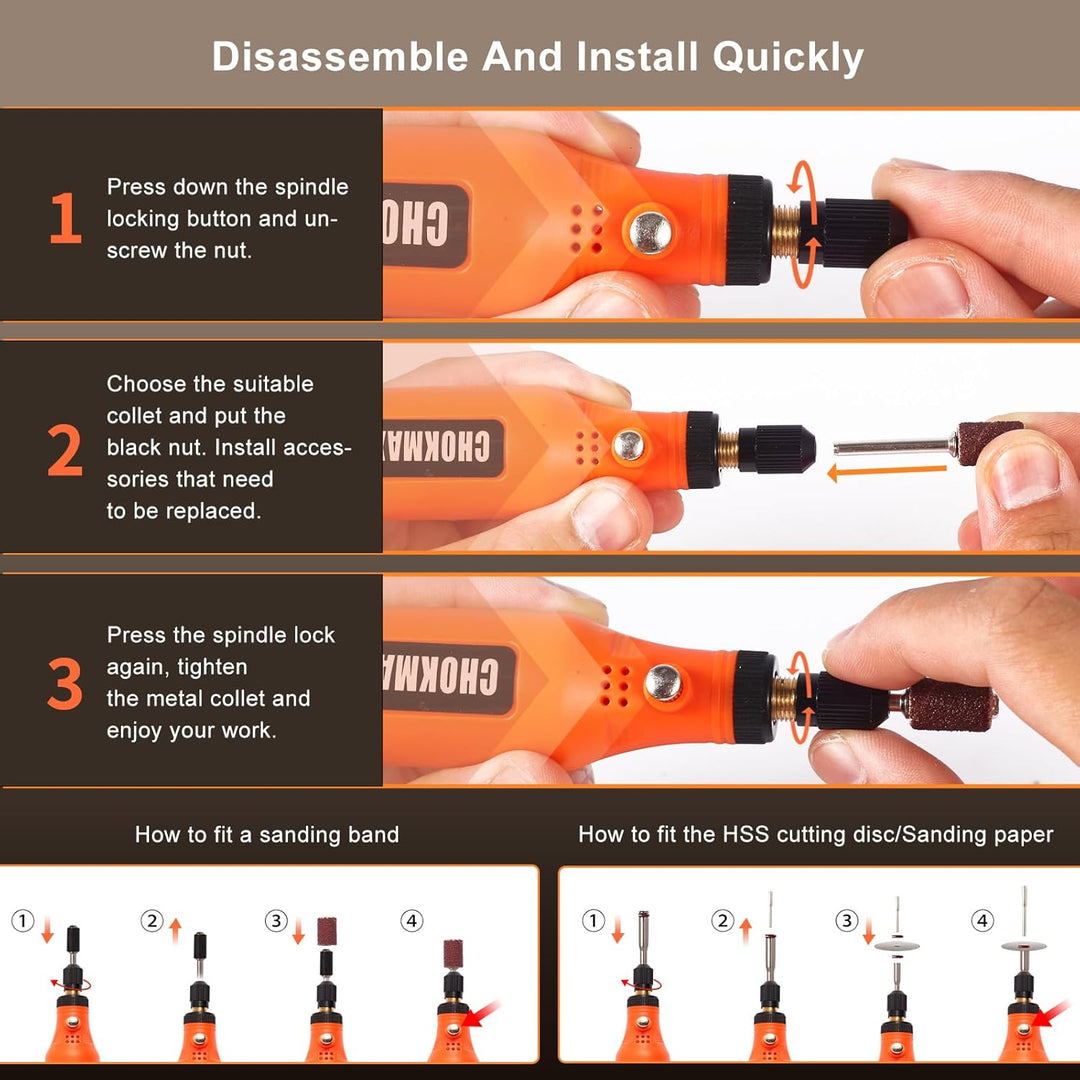 CHOKMAX Akku Multifunktionswerkzeug, 5-Gang-Schleifer-Kit mit 72 Zubehörteilen und Front-LED-Licht,