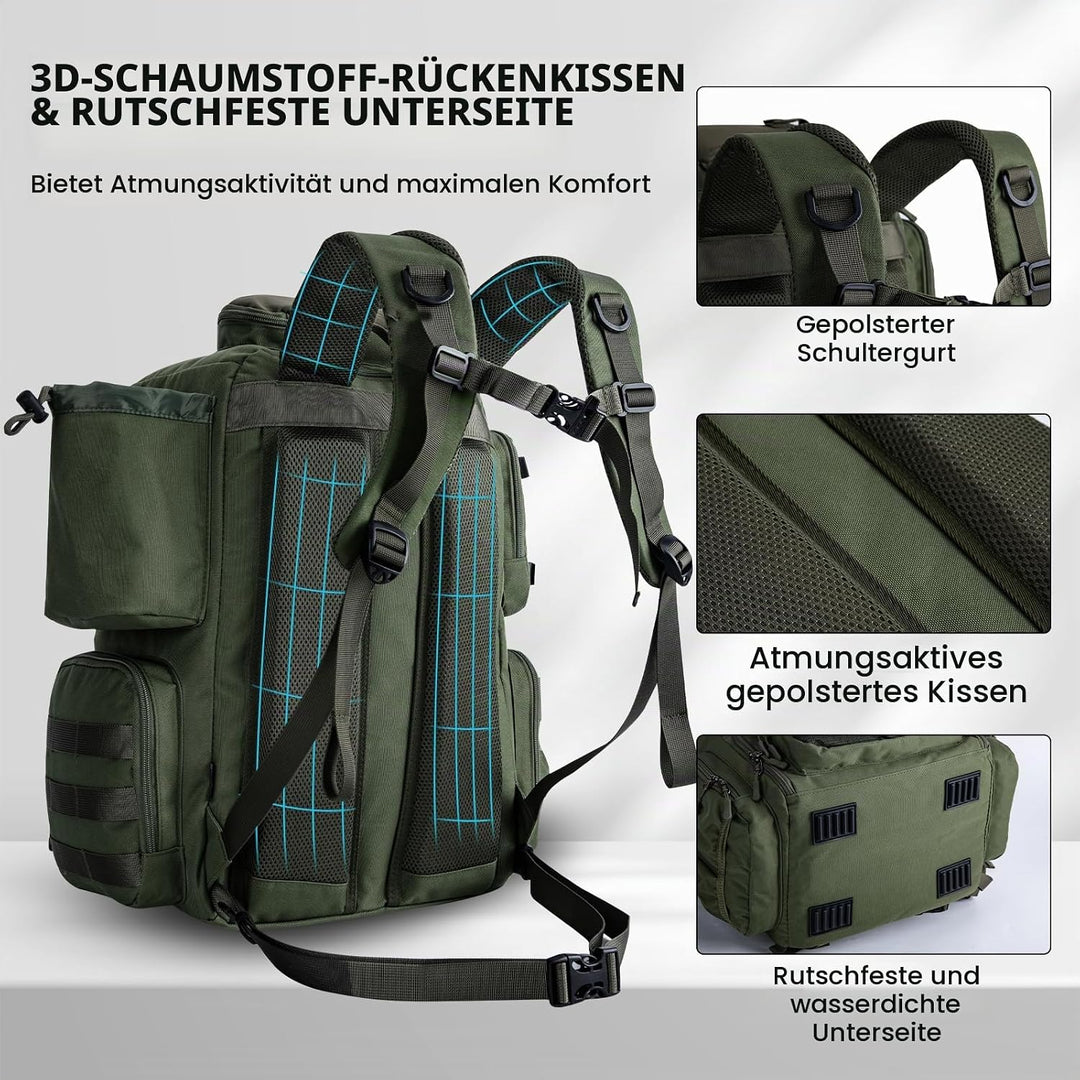 Goture Angelrucksack 45L mit Köderboxen, 600D Angelgerätetasche mit 2 Rutenhaltern, Regenschutz &amp; So