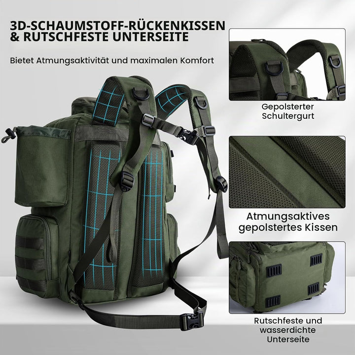 Goture Angelrucksack 45L mit Köderboxen, 600D Angelgerätetasche mit 2 Rutenhaltern, Regenschutz &amp; So