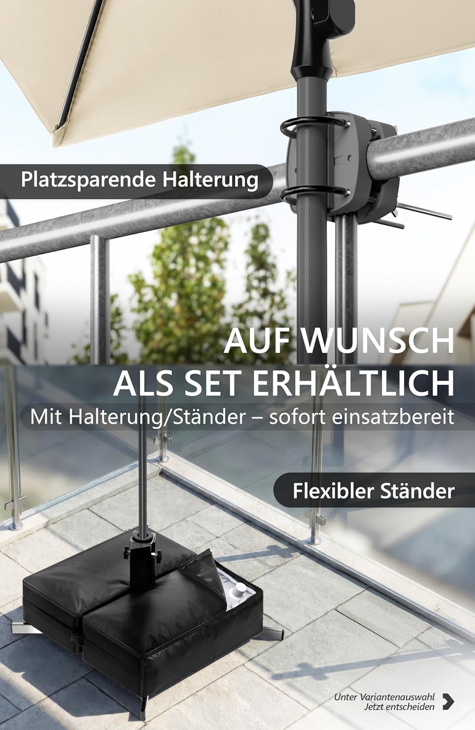 4smile Sonnenschirm Balkon SunnyShade Plus, mit Sonnenschirm Schutzhülle - Sonnnenschutz Balkon SET,