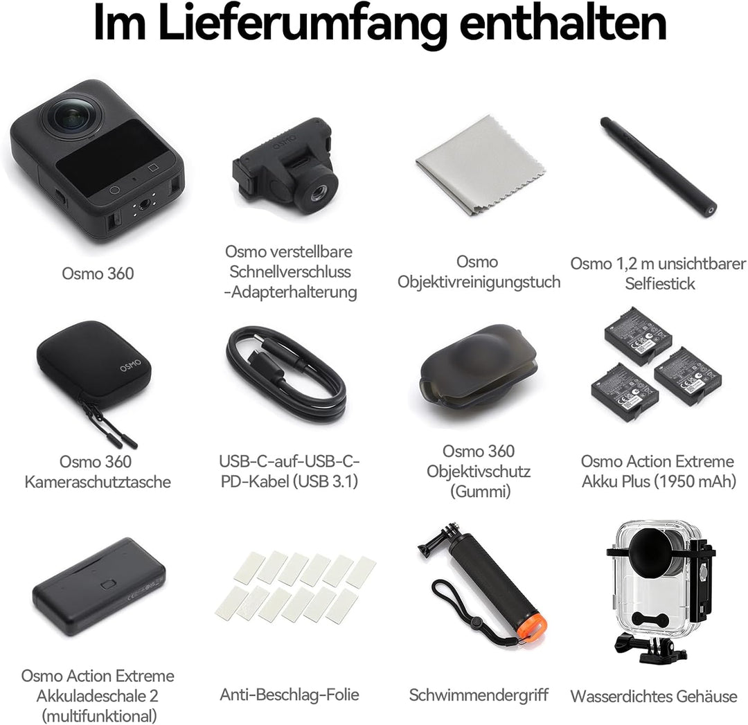 DJI Osmo 360 Adventure Combo mit Wassersportkit, 8K 360° Vlog Kamera mit 1-Zoll Sensor, Wasserfestes