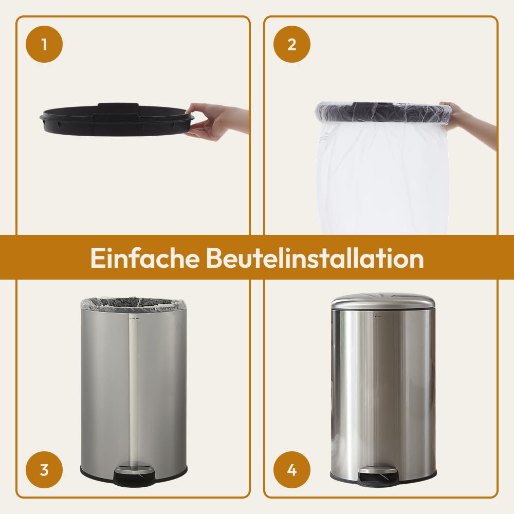 CASABEL Mülleimer Küche 50L - 100% Edelstahl, Resistent gegen Fingerabdrücke, Runder Treteimer mit F