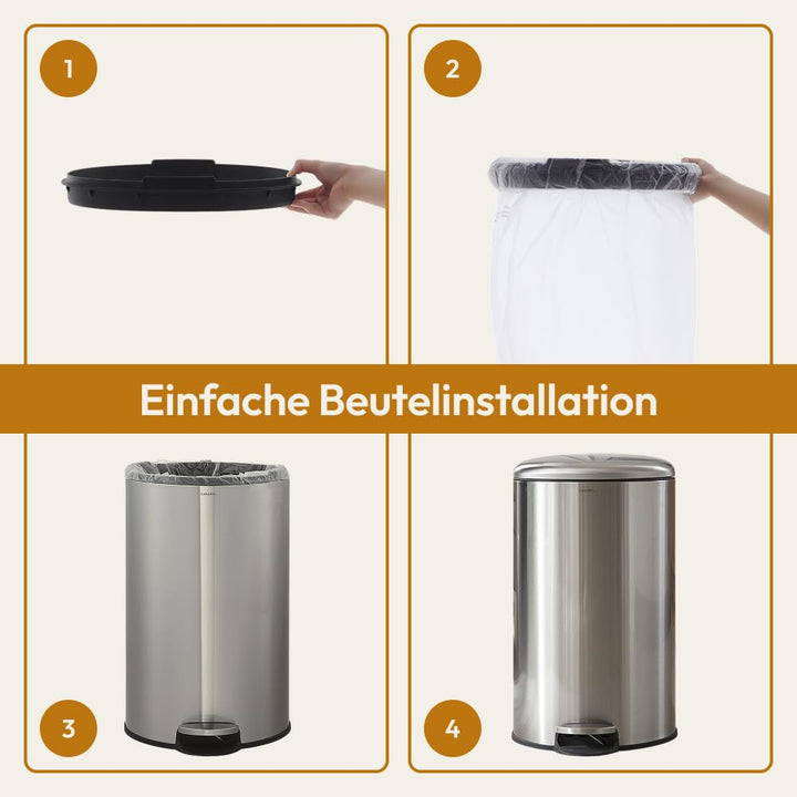 CASABEL Mülleimer Küche 50L - 100% Edelstahl, Resistent gegen Fingerabdrücke, Runder Treteimer mit F