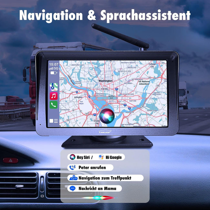 Lescars Auto Zubehör: Kabelloses Solar-Funk-Rückfahrkamera-Set, CarPlay-/Android-Auto-komp. (Abstand