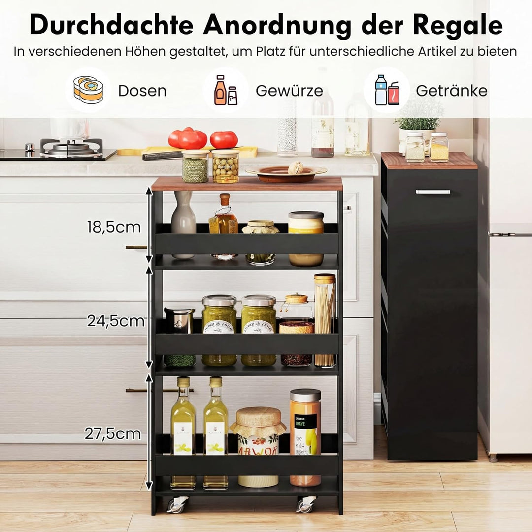 COSTWAY Nischenwagen 25cm breit, 4 Etagen Küchenwagen schmal, Nischenregal auf Rollen, Servierwagen