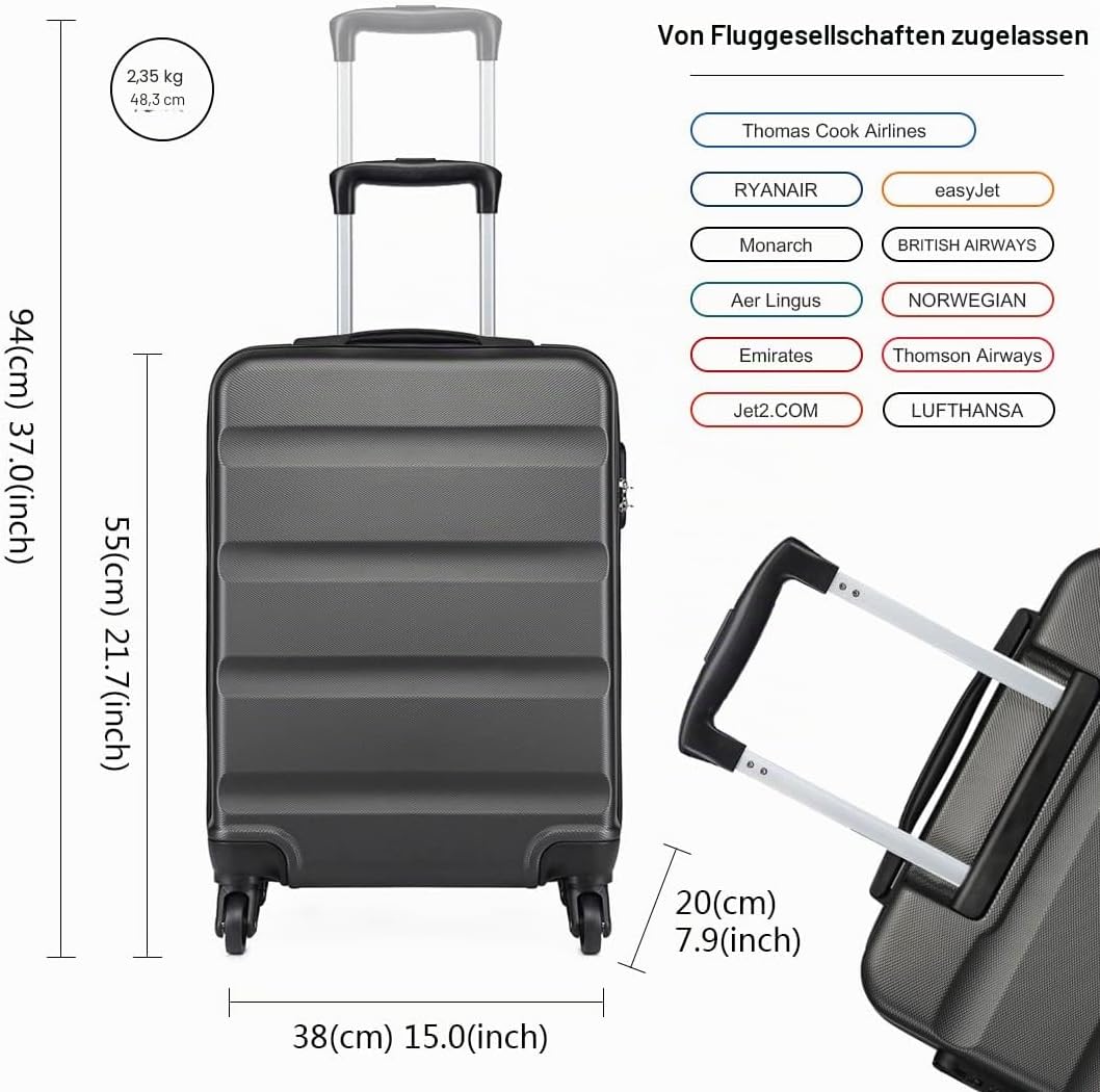KONO Handgepäck Koffer Klein Reisekoffer mit Rollen und TSA Schloss, Koffer Trolley Handgepäck Flugz