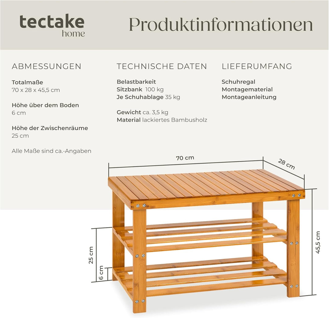 tectake Schuhregal aus Bambus Holz - Diverse Modelle - (70x28x45.5cm mit Sitzfläche | Nr. 401650) 70