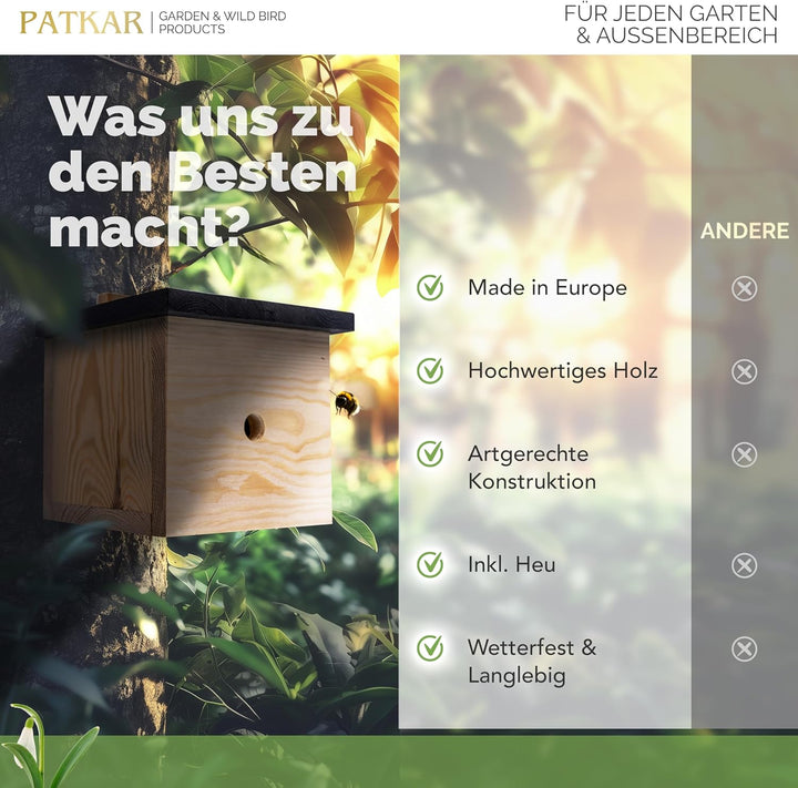 PATKAR® Hummelhaus Hummelkasten [EXTRA STABIL] - Insektenhotel Bienenhotel wetterfest & windfestes K