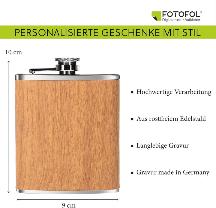 Personalisierter Flachmann mit Gravur - 207 ml Edelstahl-Flachmann in Holzoptik – Geschenk für Männe