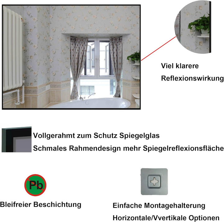 Wandspiegel, Schwarz Spiegel gross Rechteckiger Edelstahl Kosmetikspiegel und Splitterschutz für Bad