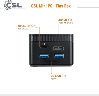 Mini PC CSL Tiny Box Windows 11 Home, Intel Celeron N4120 4x2600 MHz, 128 GB eMMC SSD, 4 GB DDR4-RAM