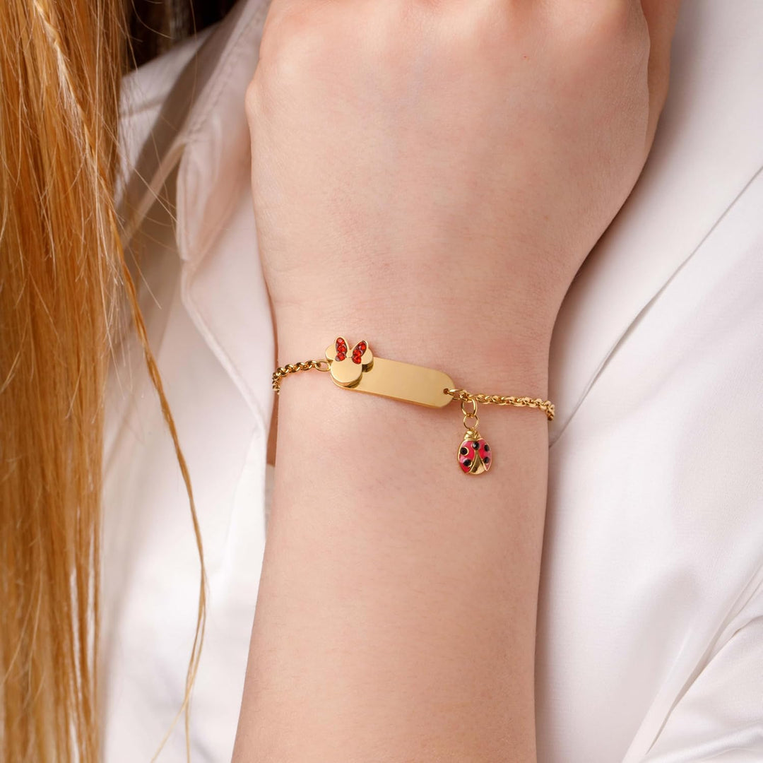 Armband Lucky Minnie Edelstahlkollektion Gold, Rot Marienkäfer und Zirkonia für Mädchen und Kinder,