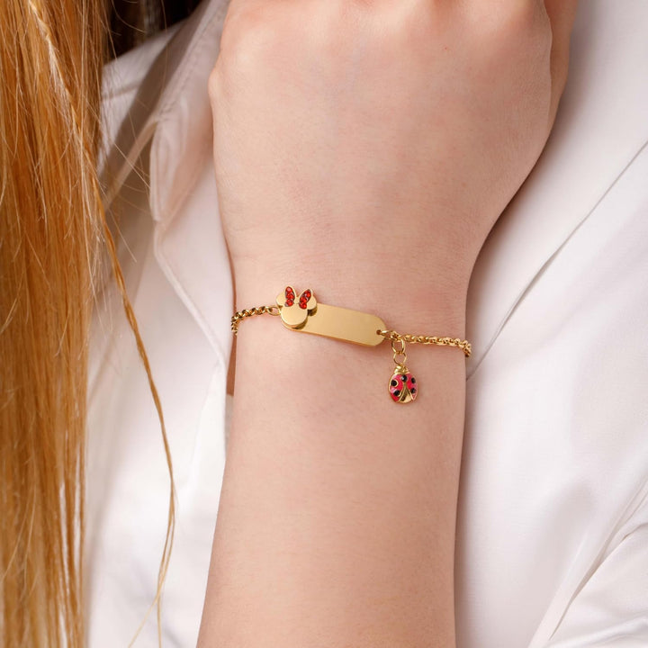 Armband Lucky Minnie Edelstahlkollektion Gold, Rot Marienkäfer und Zirkonia für Mädchen und Kinder,