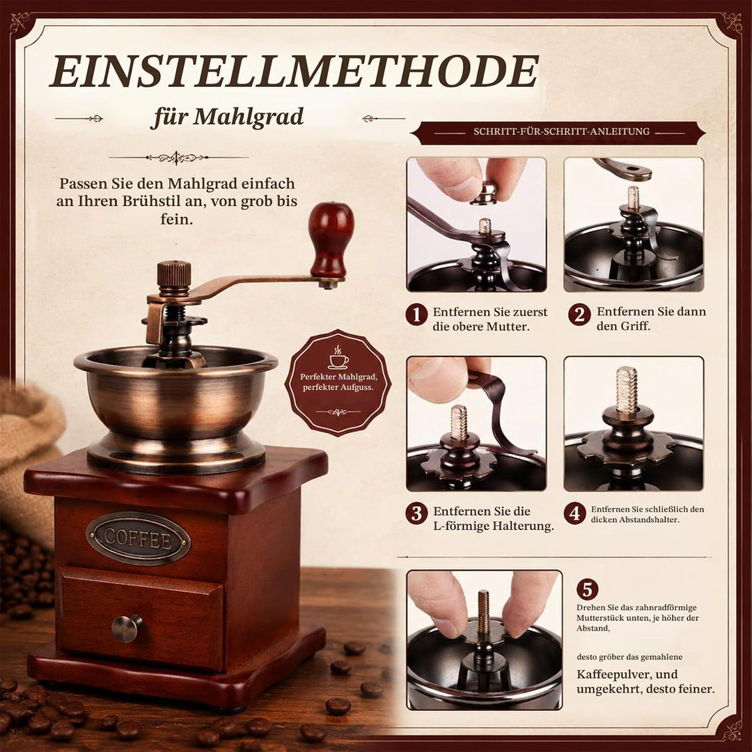 Manuelle Kaffeemühle Einstellbare Grobheit Kaffeemühle Mahlwerk Kaffeebohnenmühle Vintage Holz Handm