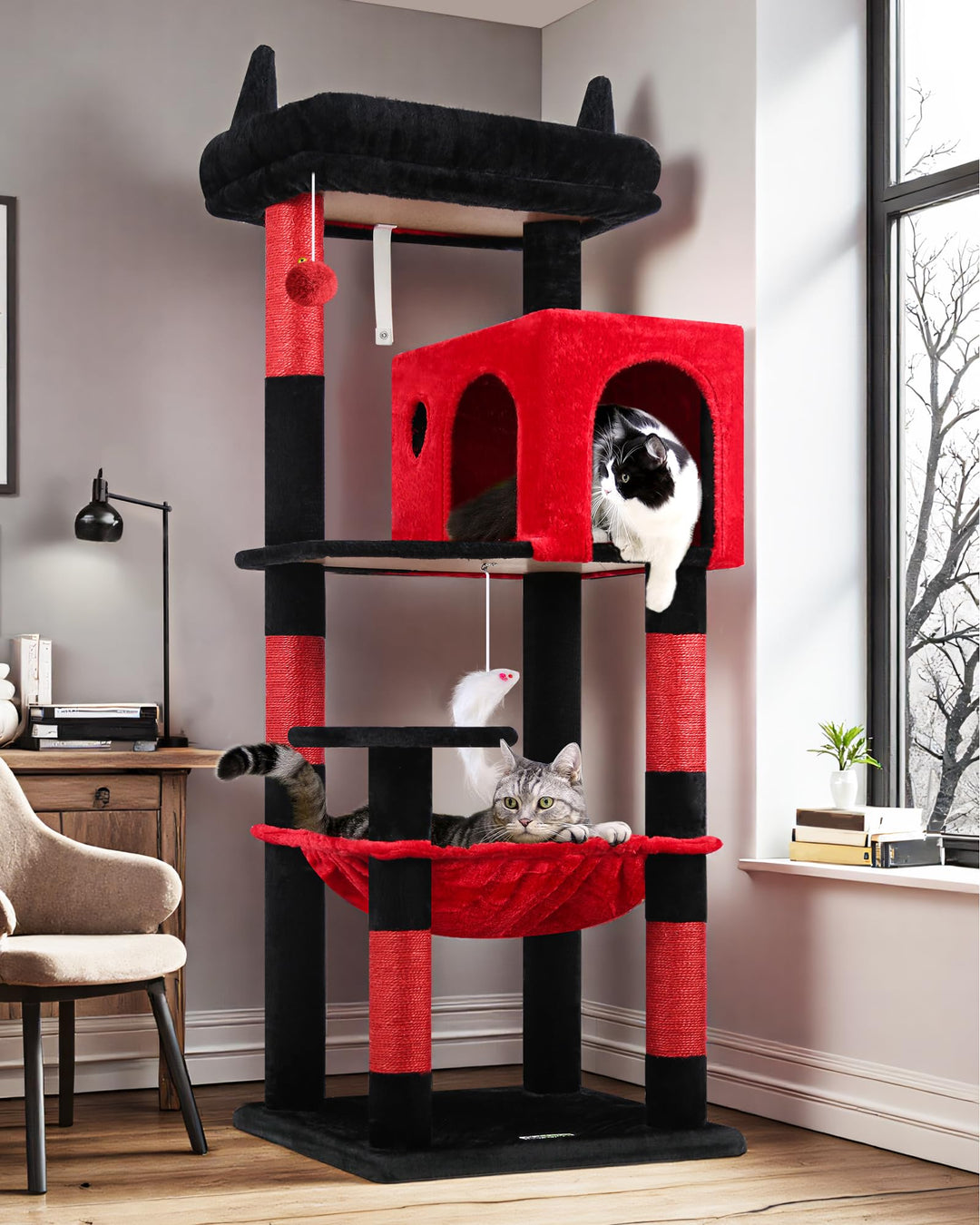 Globlazer Kratzbaum Schwarz Rot mit Extragrosse Hängematte 45*40cm, Grosse Katzenhaus, Gepolsterte P