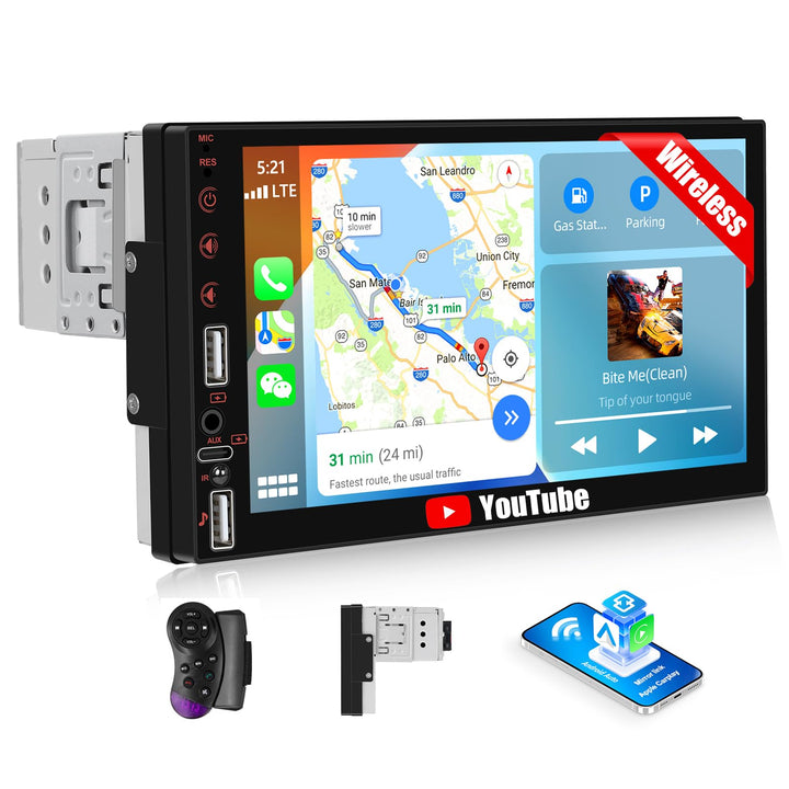 CAMECHO 7 Zoll HD Touchscreen Autoradio mit Drahtlos CarPlay Android Auto,1 Din Carplay Radio mit Bl