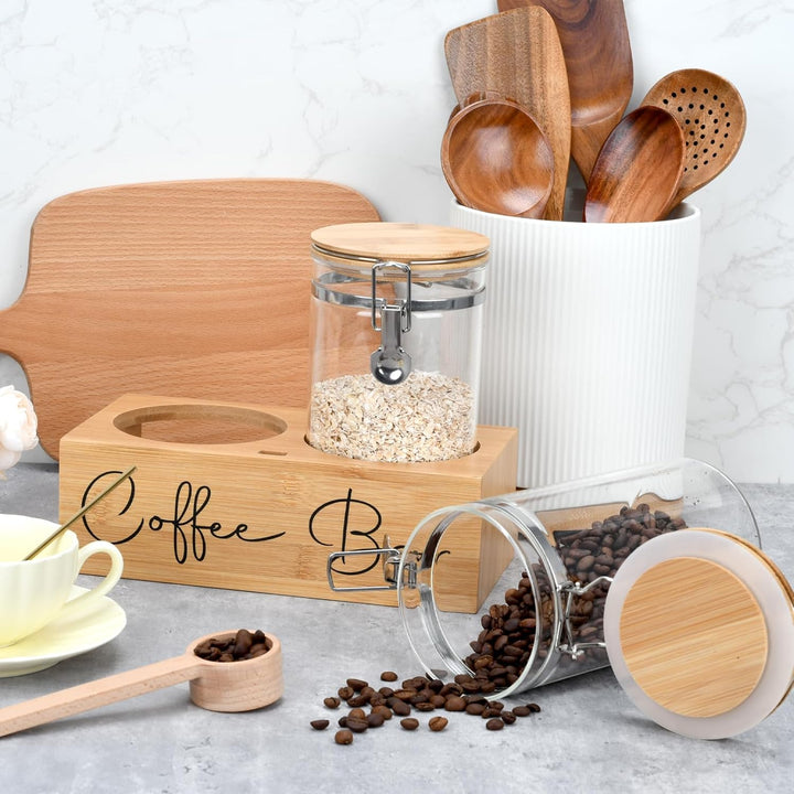 Kaffeedosen-Set aus Glas mit Bambusregal und Löffel, 2 luftdichte Behälter (je 1,3 l) für Kaffeebohn