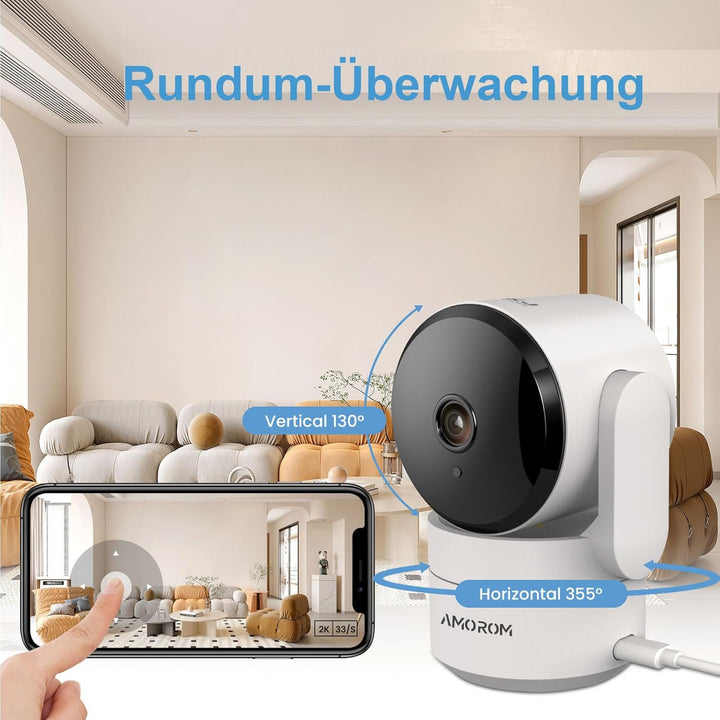 AMOROM WLAN Überwachungskamera Innen 360°, 2K KI-Kamera Überwachung mit Benutzerdefinierte Szenariow