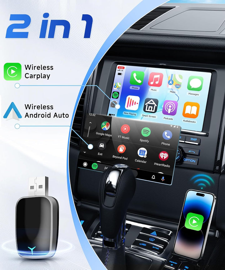 2025 Wireless Carplay & Android Auto Wireless Adapter, 2 IN 1 Stick Konvertieren Wired Android Auto/