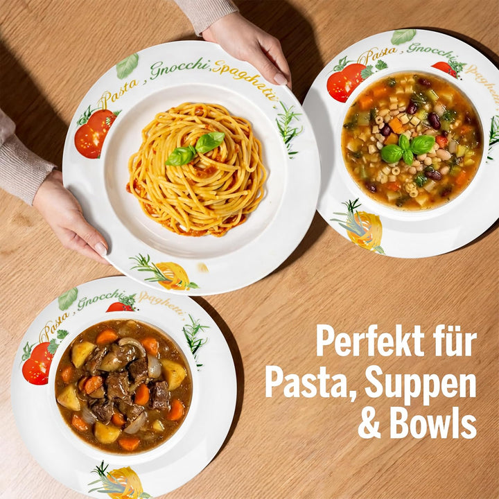Van Well 6er Pasta-Teller-Set Milano mit Aufdruck I Ø 27 cm Porzellan-Teller I tiefe Nudelteller I S