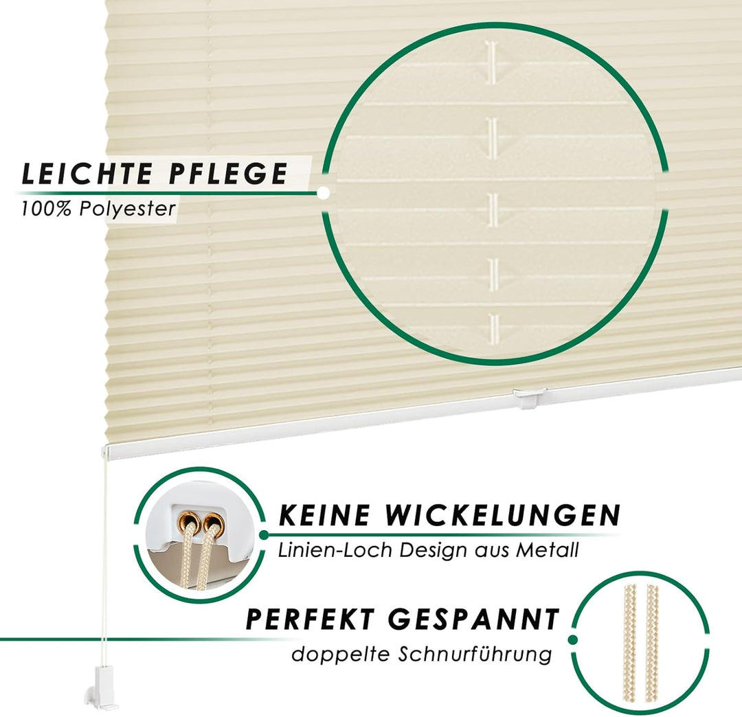 Allesin Plissee ohne Bohren Plissees Klemmfix, Beige 80 x 40cm (L x B), Plisseerollo Faltrollo mit K