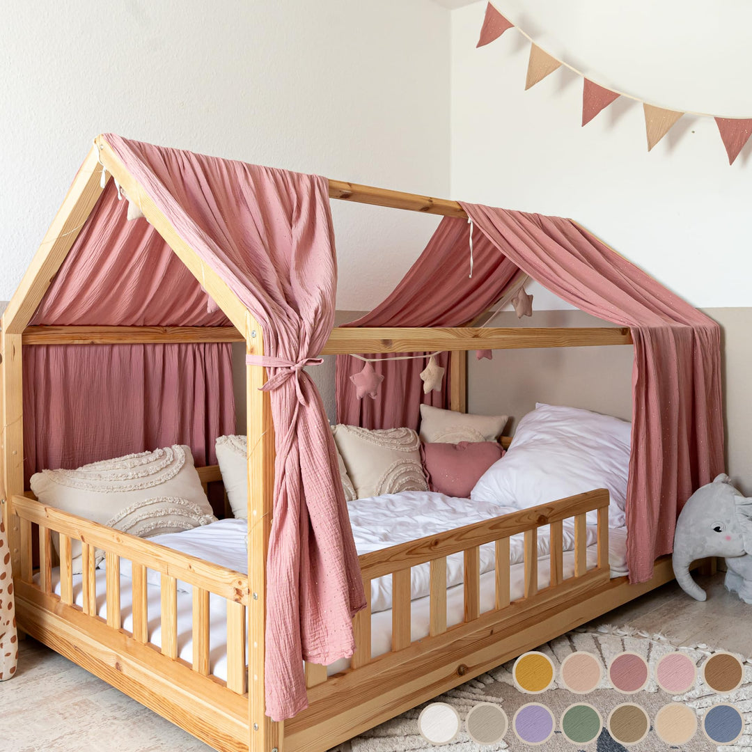 lilimaus Hausbett Himmel [Rosa] - Betthimmel Hausbett aus 100% Baumwolle Musselin Handmade - Stoffhi
