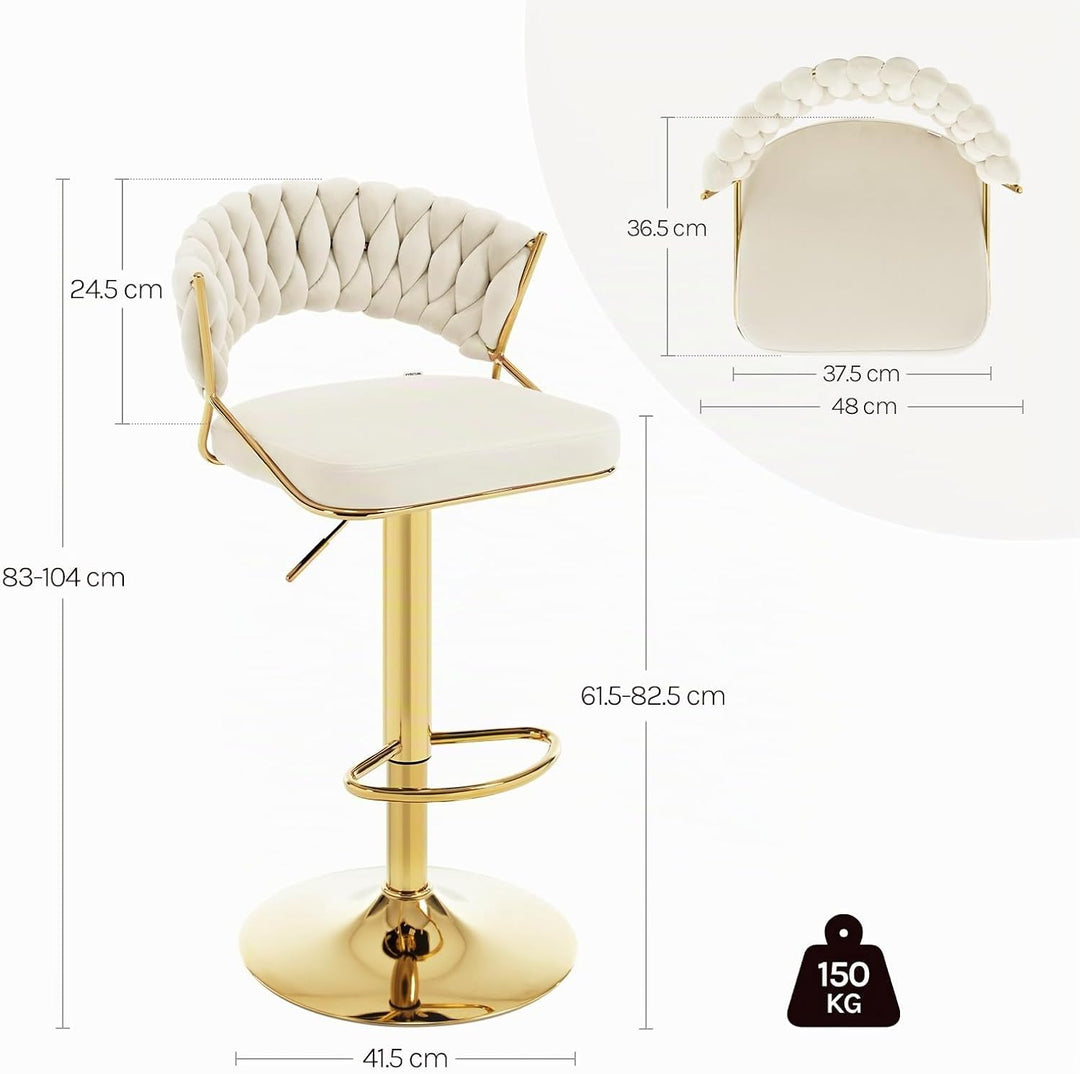 WOLTU Barhocker 2er Set, mit geflochtener Rückenlehne, Samthocker, Creme | Barstuhl 360° drehbar, hö