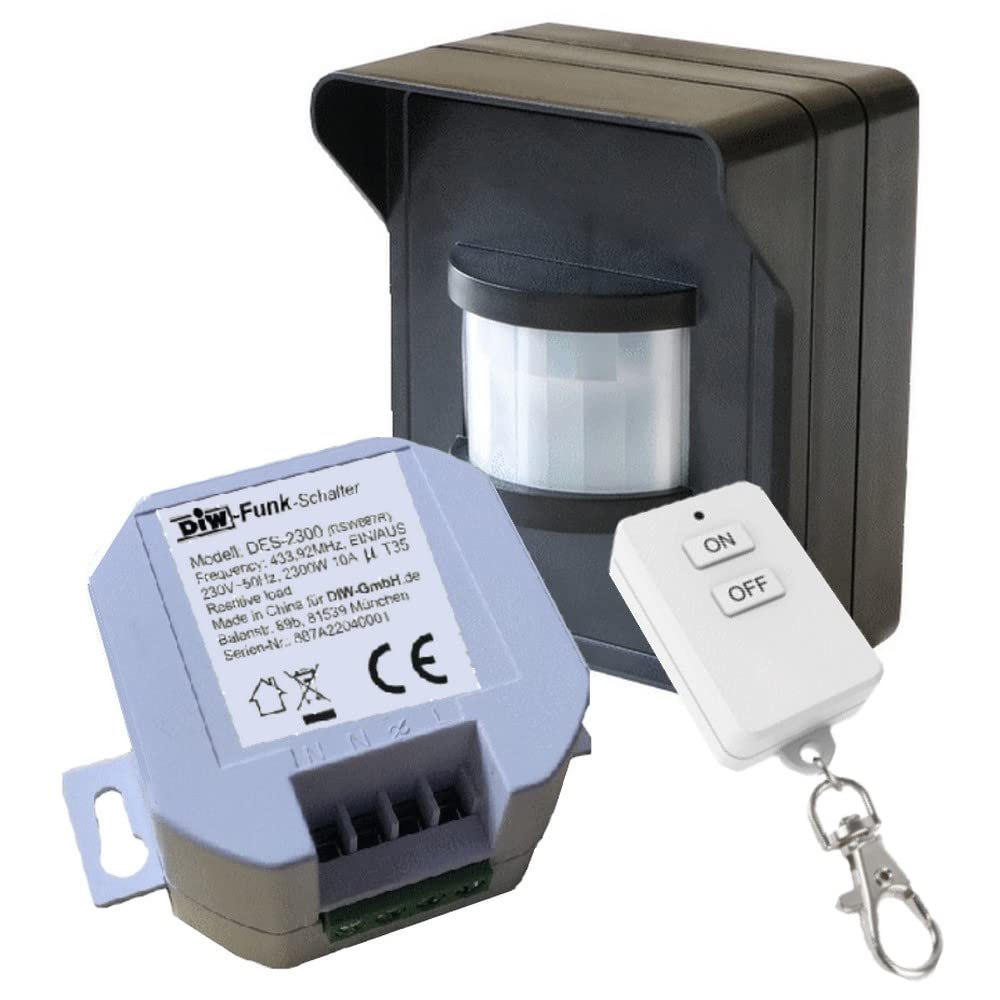 PD-546 DIW-FUNK Set Bewegungsmelder IP44 mit Funk-Einbau Empfänger 230V Funkschalter + Funk-Keysende