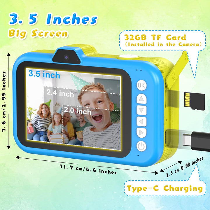 Kinderkamera, Ushining 3,5" Grossbildschirm Kinder Kamera mit 360° Drehbares Zoomobjektiv LED-Blitz