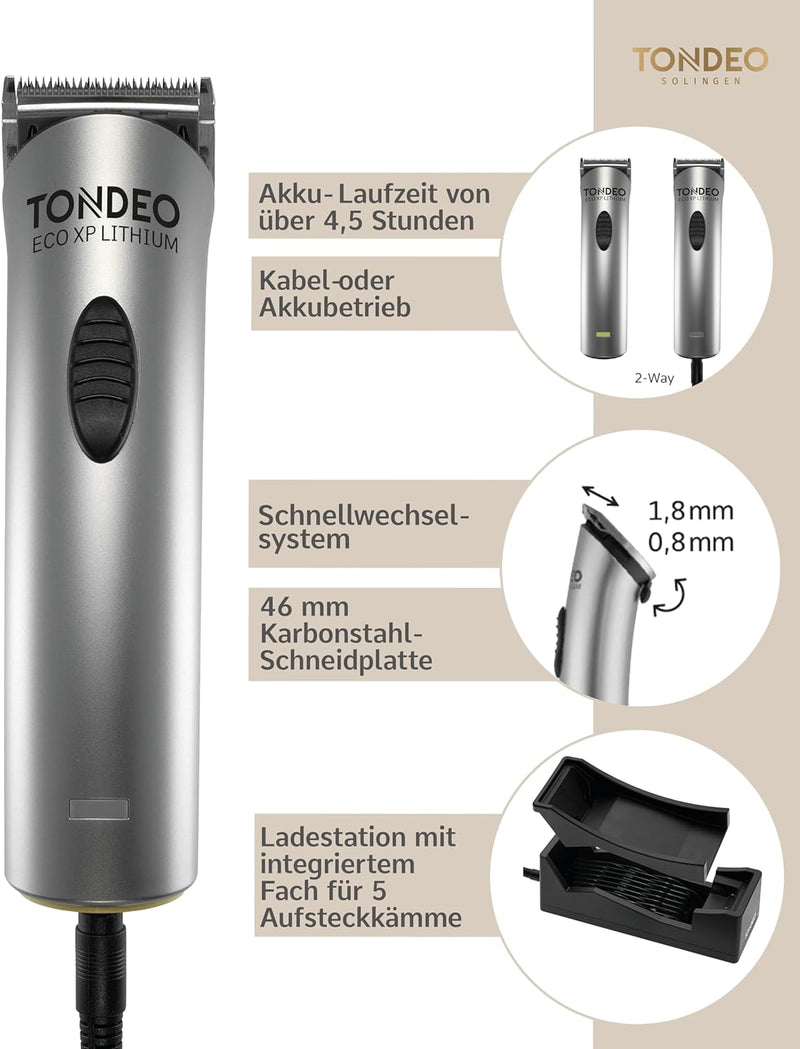 TONDEO Profi Haarschneidemaschine ECO XP LITHIUM SILVER | Haarschneider inklusive Ladestation und Au