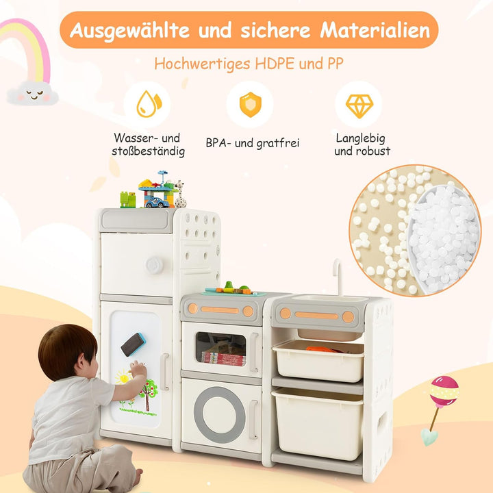 COSTWAY Kinderregal mit Boxen, Kinderzimmer Regal mit 4 Schränken Spül Wasserhahn Whiteboard Markern