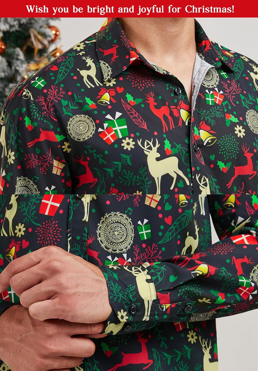 HISDERN Weihnachtshemden für Herren, langärmelig, Button-Down-Shirt, Urlaub, lustige Weihnachts-Shir