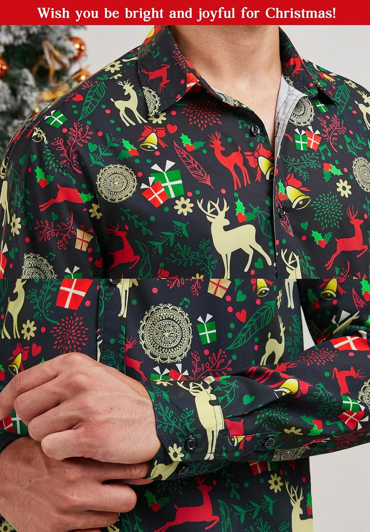 HISDERN Weihnachtshemden für Herren, langärmelig, Button-Down-Shirt, Urlaub, lustige Weihnachts-Shir