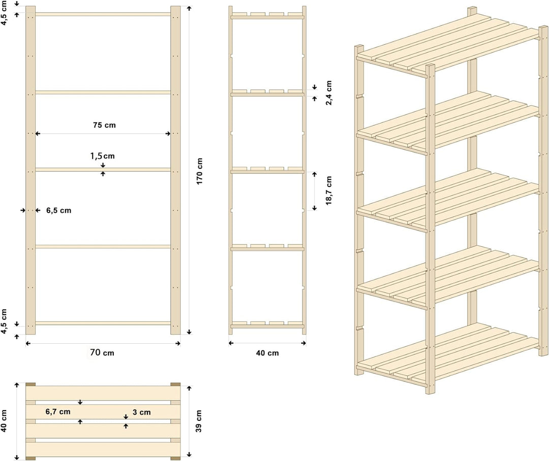 Lenmar Serie B Holzregal, Kiefer, Holz, Hellbeige, B-22 170 x 70 x 40 cm, 5 Böden, Bücherregal, Holz
