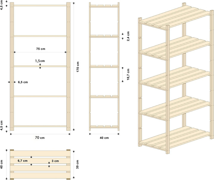 Lenmar Serie B Holzregal, Kiefer, Holz, Hellbeige, B-22 170 x 70 x 40 cm, 5 Böden, Bücherregal, Holz