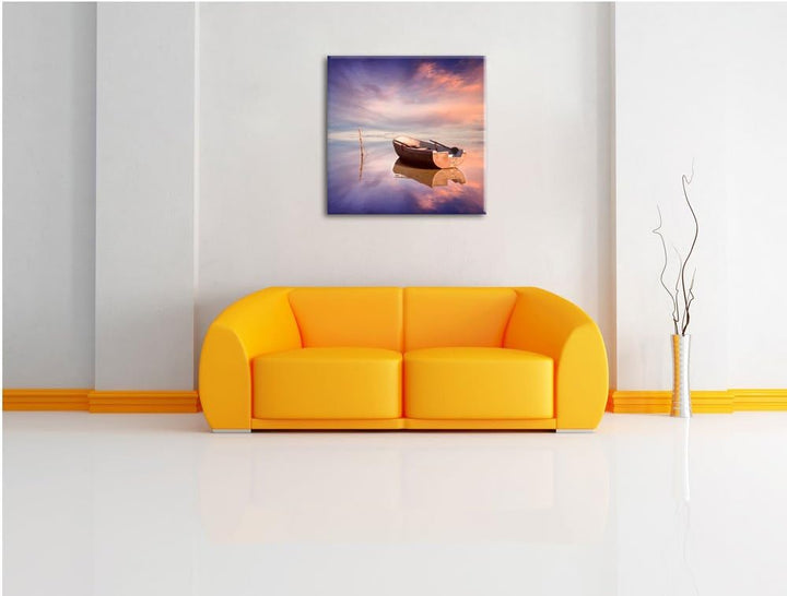 Einsames Boot auf See, Format: 70x70 auf Leinwand, XXL riesige Bilder fertig gerahmt mit Keilrahmen,