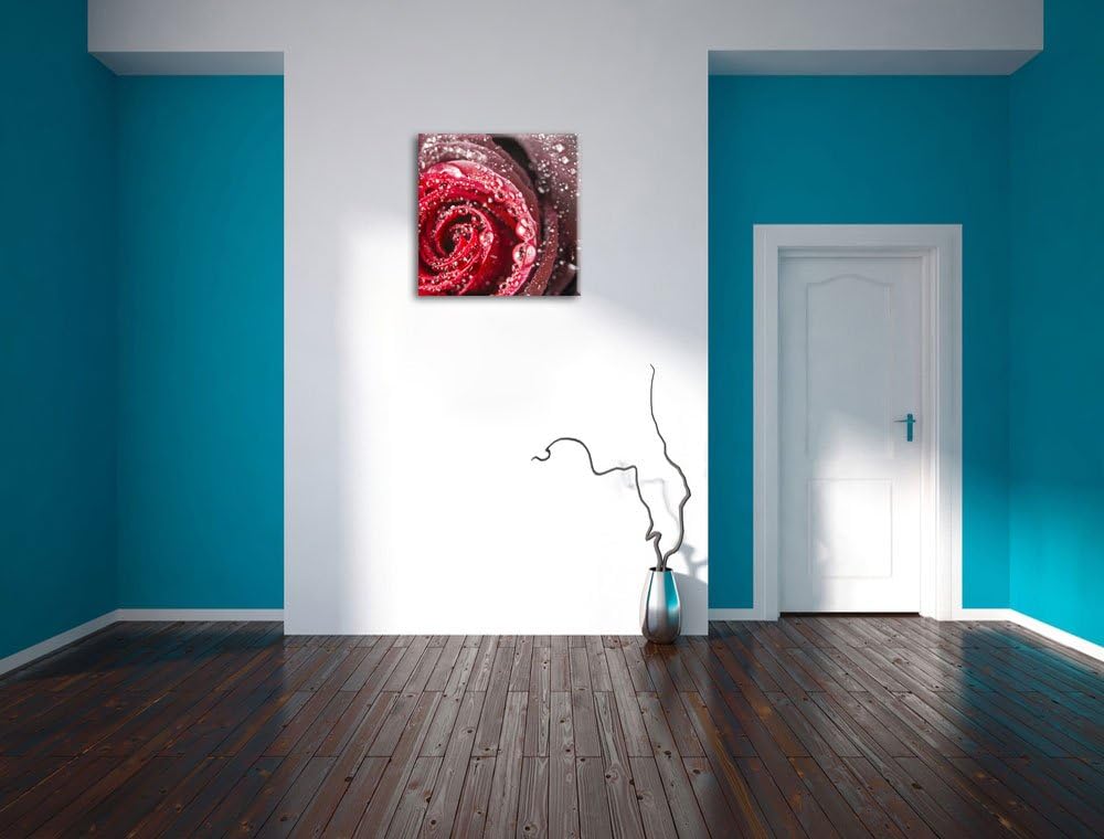 Pixxprint Elegante rote Rose mit Wassertropfen Schwarz/Weiss, Format: 70x70 auf Leinwand, 70x70