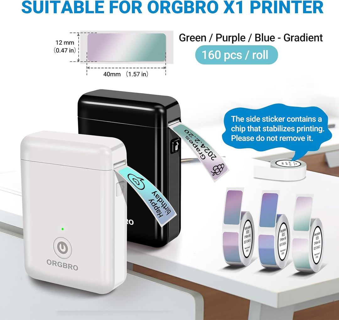 ORGBRO 3 Rollen Farbverlauf Etikettenband 1,2x4cm 480 Etiketten für ORGBRO X1 Tragbare Etikettiermas