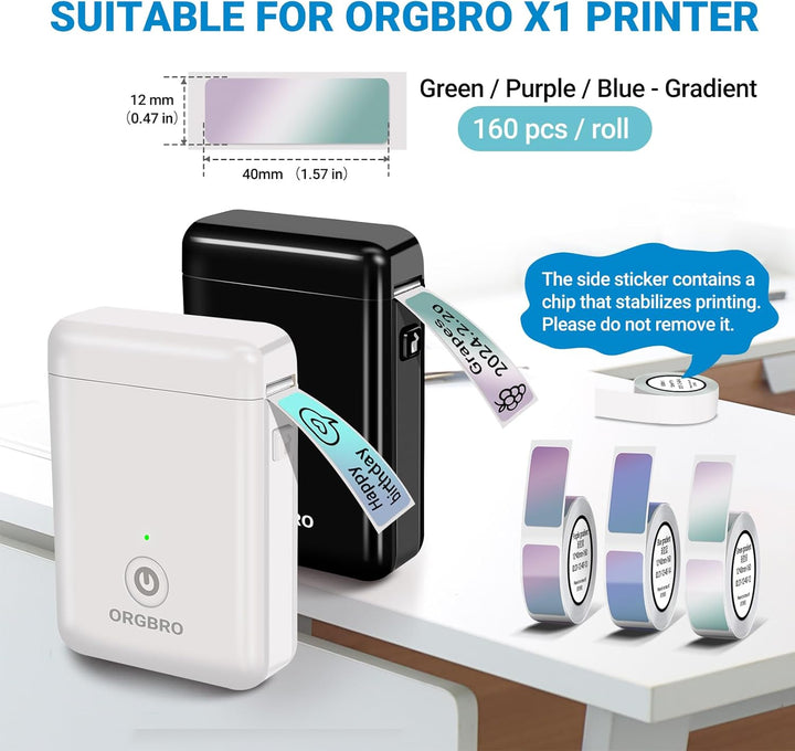 ORGBRO 3 Rollen Farbverlauf Etikettenband 1,2x4cm 480 Etiketten für ORGBRO X1 Tragbare Etikettiermas
